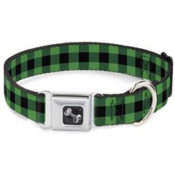 Dog Bone Black/Silver Seatbelt Buckle Collar - Buffalo Plaid Black/Neon Green