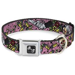 Dog Bone Black/Silver Seatbelt Buckle Collar - Born to Raise Hell CLOSE-UP Pink