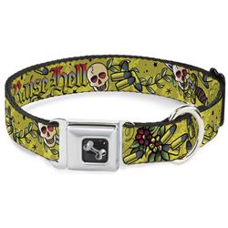 Dog Bone Black/Silver Seatbelt Buckle Collar - Born to Raise Hell Yellow