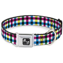 Dog Bone Black/Silver Seatbelt Buckle Collar - Buffalo Plaid White/Multi Color