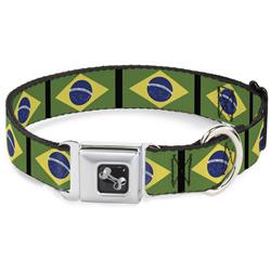 Dog Bone Black/Silver Seatbelt Buckle Collar - Brazil Flags