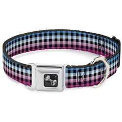 Dog Bone Black/Silver Seatbelt Buckle Collar - Buffalo Plaid Turquoise/Fuchsia Fade