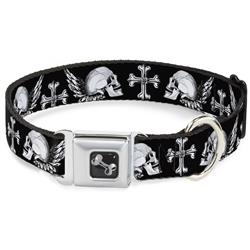 Dog Bone Black/Silver Seatbelt Buckle Collar - Buckle-Down Skulls w/Wings Black/White