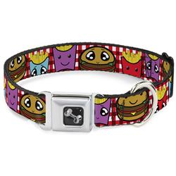 Dog Bone Black/Silver Seatbelt Buckle Collar - Burger & Fries Cartoon