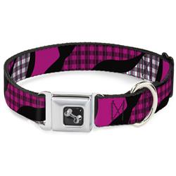 Dog Bone Black/Silver Seatbelt Buckle Collar - Buffalo Plaid Abstract White/Black/Fuchsia