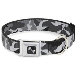 Dog Bone Black/Silver Seatbelt Buckle Collar - Camo White