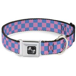 Dog Bone Black/Silver Seatbelt Buckle Collar - Checker Baby Pink/Baby Blue