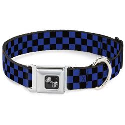 Dog Bone Black/Silver Seatbelt Buckle Collar - Checker Black/Neon Blue