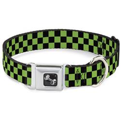 Dog Bone Black/Silver Seatbelt Buckle Collar - Checker Black/Neon Green