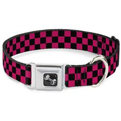 Dog Bone Black/Silver Seatbelt Buckle Collar - Checker Black/Neon Pink