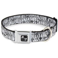 Dog Bone Black/Silver Seatbelt Buckle Collar - Crosses Assorted Distressed White/Black