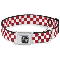 Dog Bone Black/Silver Seatbelt Buckle Collar - Checker Red/White