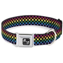 Dog Bone Black/Silver Seatbelt Buckle Collar - Checker Black/Neon Rainbow