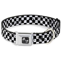 Dog Bone Black/Silver Seatbelt Buckle Collar - Checker Weathered Black/White