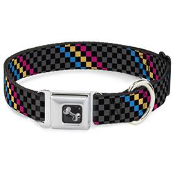 Dog Bone Black/Silver Seatbelt Buckle Collar - Checker Stripe Black/Gray/Blue/Gold/Pink