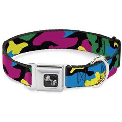 Dog Bone Black/Silver Seatbelt Buckle Collar - Camo Multi Neon