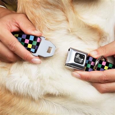 Dog Bone Black/Silver Seatbelt Buckle Collar - Checker Black/Multi Pastel