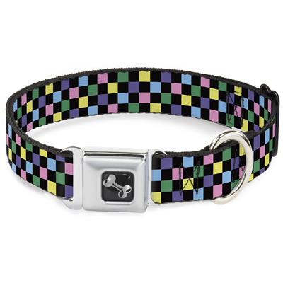 Dog Bone Black/Silver Seatbelt Buckle Collar - Checker Black/Multi Pastel