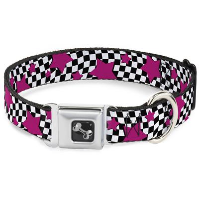 Dog Bone Black/Silver Seatbelt Buckle Collar - Checker & Stars Black/White/Pink