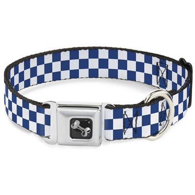 Dog Bone Black/Silver Seatbelt Buckle Collar - Checker BlueKU/White