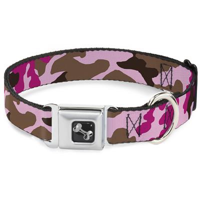 Dog Bone Black/Silver Seatbelt Buckle Collar - Camo Pink