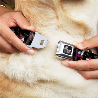 Dog Bone Black/Silver Seatbelt Buckle Collar - Cupcake Sprinkles Black/Multi Color