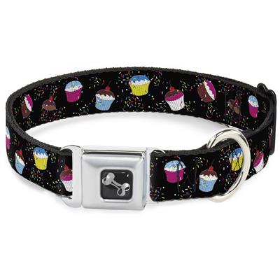 Dog Bone Black/Silver Seatbelt Buckle Collar - Cupcake Sprinkles Black/Multi Color