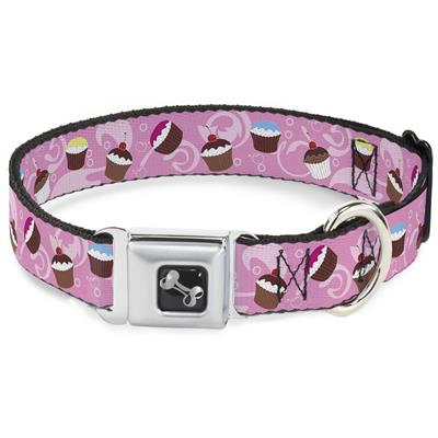 Dog Bone Black/Silver Seatbelt Buckle Collar - Cupcake Swirls Pink/Multi Color