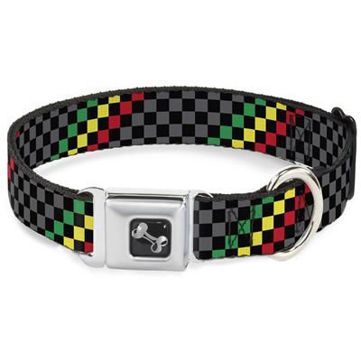 Dog Bone Black/Silver Seatbelt Buckle Collar - Checker Stripe Black/Gray/Rasta