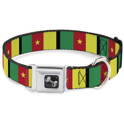 Dog Bone Black/Silver Seatbelt Buckle Collar - Cameroon Flags
