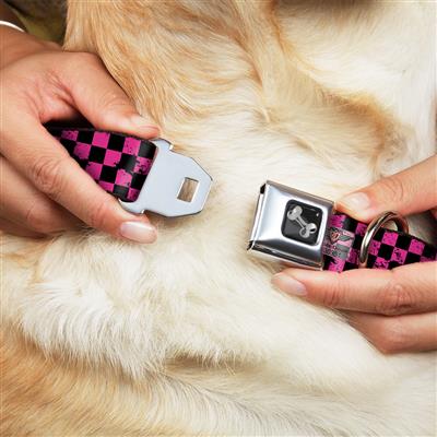 Dog Bone Black/Silver Seatbelt Buckle Collar - Checker Weathered Black/Neon Pink