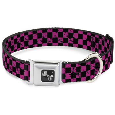 Dog Bone Black/Silver Seatbelt Buckle Collar - Checker Weathered Black/Neon Pink