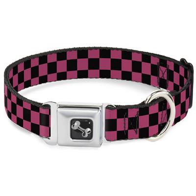 Dog Bone Black/Silver Seatbelt Buckle Collar - Checker Black/Honeysuckle Red