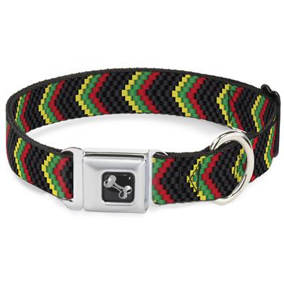 Dog Bone Black/Silver Seatbelt Buckle Collar - Chevron Weave Black/Rasta