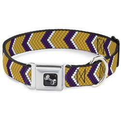 Dog Bone Black/Silver Seatbelt Buckle Collar - Chevron Weave Gold/Purple/White