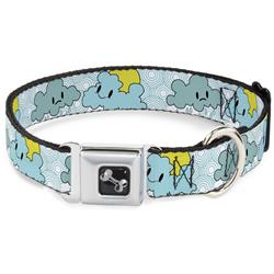Dog Bone Black/Silver Seatbelt Buckle Collar - Cloudy Skies Rain Clouds White/Blues