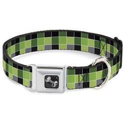 Dog Bone Black/Silver Seatbelt Buckle Collar - Checker Mosaic Green
