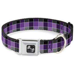 Dog Bone Black/Silver Seatbelt Buckle Collar - Checker Mosaic Purple