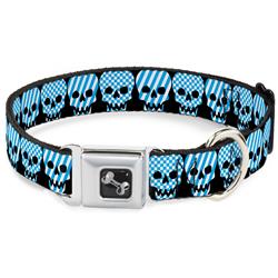 Dog Bone Black/Silver Seatbelt Buckle Collar - Checker & Stripe Skulls Black/White/Baby Blue