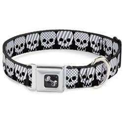 Dog Bone Black/Silver Seatbelt Buckle Collar - Checker & Stripe Skulls Black/White/Gray