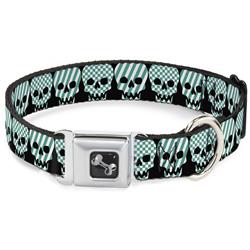 Dog Bone Black/Silver Seatbelt Buckle Collar - Checker & Stripe Skulls Black/White/Green