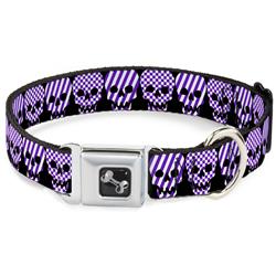 Dog Bone Black/Silver Seatbelt Buckle Collar - Checker & Stripe Skulls Black/White/Purple