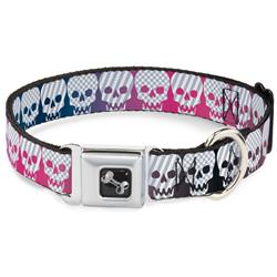Dog Bone Black/Silver Seatbelt Buckle Collar - Checker & Stripe Skulls Gradient Blue/Fuchsia