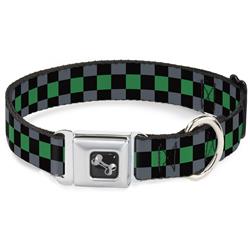 Dog Bone Black/Silver Seatbelt Buckle Collar - Checker Black/Gray/1 Green