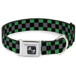 Dog Bone Black/Silver Seatbelt Buckle Collar - Checker Black/Gray/2 Green