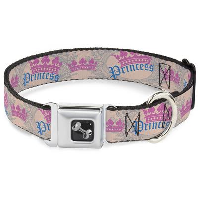 Dog Bone Black/Silver Seatbelt Buckle Collar - Crown Princess Oval Baby Pink/Baby Blue