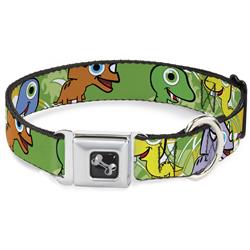 Dog Bone Black/Silver Seatbelt Buckle Collar - Cute Dinosaurs Yellow/Green