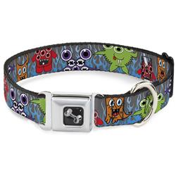 Dog Bone Black/Silver Seatbelt Buckle Collar - Cute Monsters Gray/Flame Blue