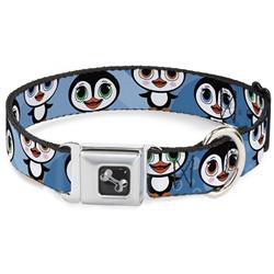 Dog Bone Black/Silver Seatbelt Buckle Collar - Cute Penguins Blue Bubbles