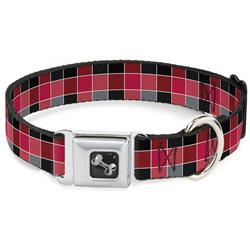 Dog Bone Black/Silver Seatbelt Buckle Collar - Checker Mosaic Red